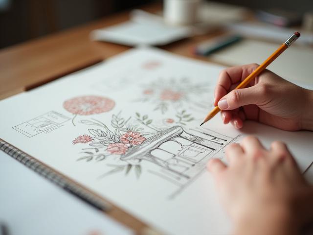 Designer skisserer floral design for møbler