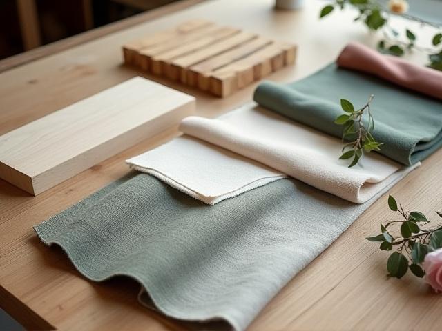 Nærbilde av materialprøver og tekstiler i et verksted